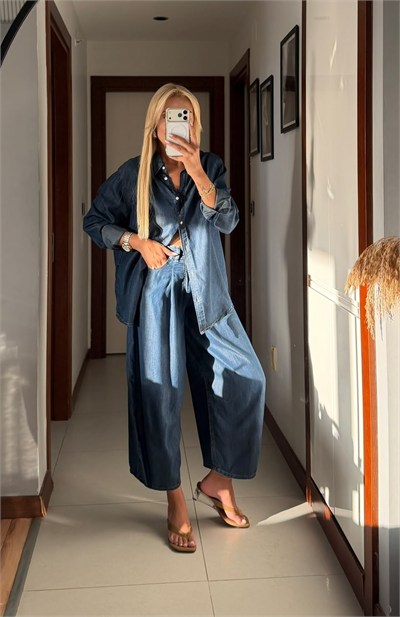 SARAH  MAVİ TENSEL DENİM GÖMLEK