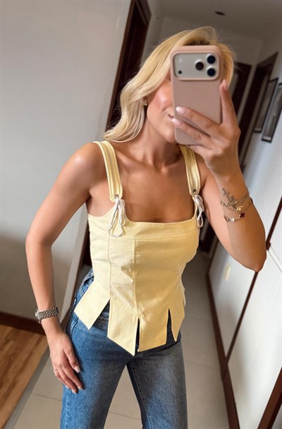 SARI SIRTI FERMUARLI KALIN ASKILI KORSE BÜSTİYER