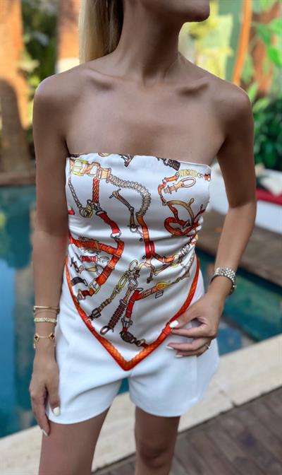 SATEN DESENLİ ŞAL BLUZ EKRU