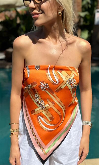 SATEN DESENLİ ŞAL BLUZ TURUNCU