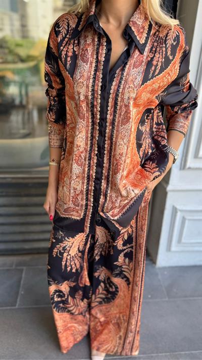 SATEN ŞAL DESENLİ GÖMLEK PANTOLON TAKIM