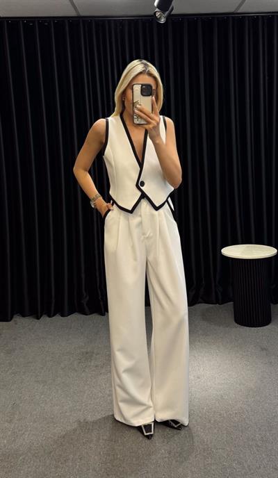 ŞERİTLİ YELEK PANTOLON TAKIM BEYAZ