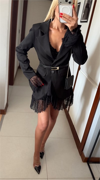 SHERY SİYAH BEL KEMERLİ DANTEL DETAYLI BLAZER CEKET