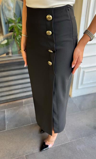SİYAH 4 GOLD DÜĞMELİ YIRTMAÇLI MİDİ ETEK