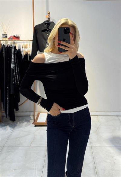 SİYAH ATLET DETAYLI ASİMETRİK BLUZ