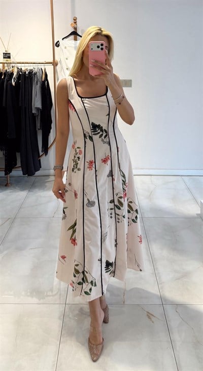 SİYAH BİYELİ ÇİÇEKLİ MİDİ ELBİSE