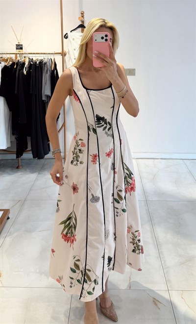 SİYAH BİYELİ ÇİÇEKLİ MİDİ ELBİSE