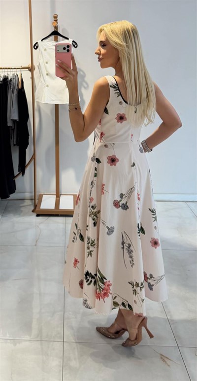 SİYAH BİYELİ ÇİÇEKLİ MİDİ ELBİSE