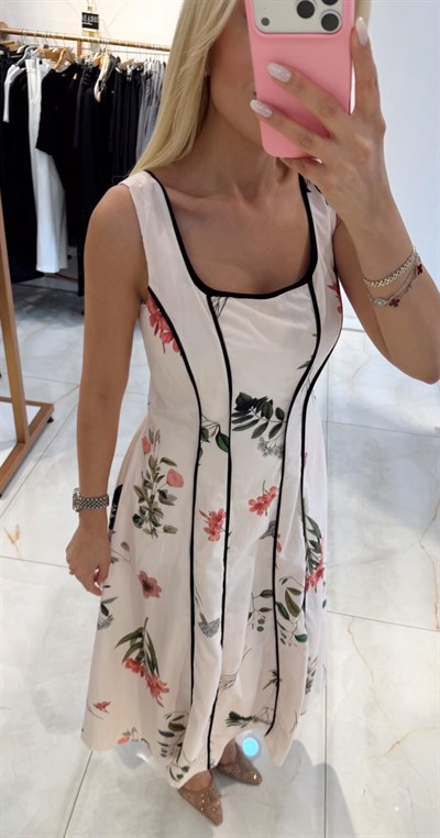 SİYAH BİYELİ ÇİÇEKLİ MİDİ ELBİSE