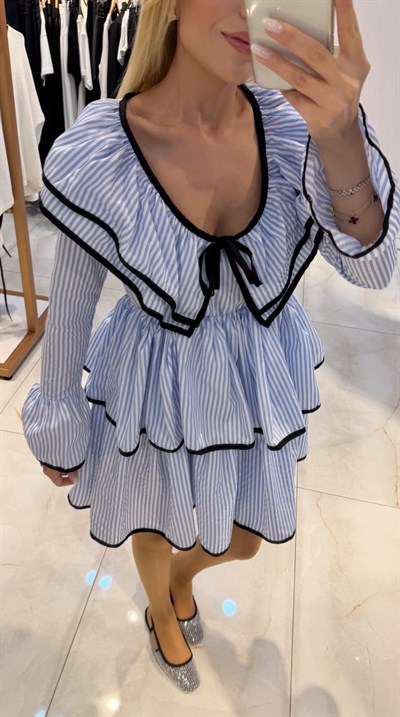 SİYAH BİYELİ MAVİ ÇİZGİLİ ELBİSE