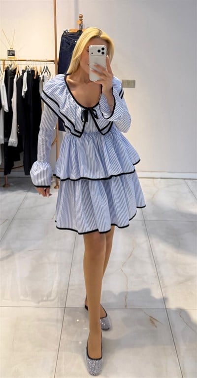 SİYAH BİYELİ MAVİ ÇİZGİLİ ELBİSE