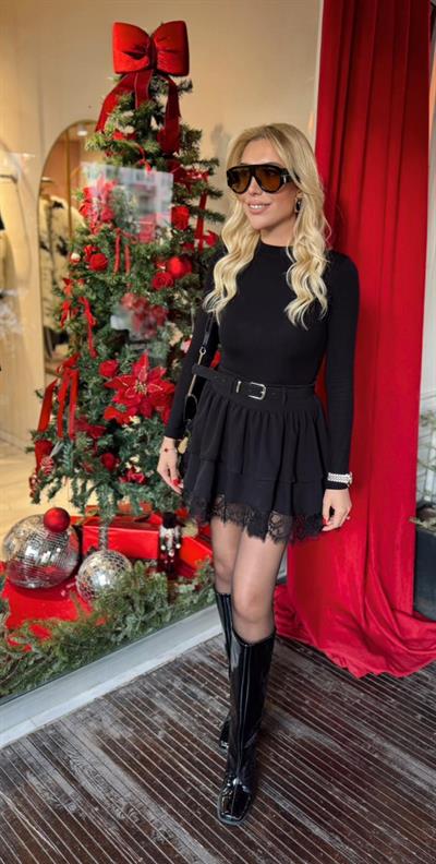 SİYAH DANTEL DETAY KEMERLİ ETEK