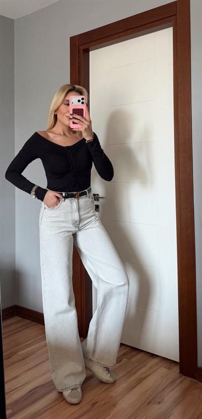 SİYAH DİLVİN DÜĞME DETAYLI BÜZGÜLÜ BODYSUİT