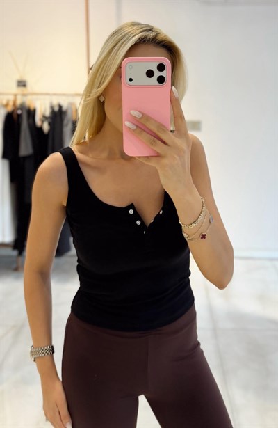 SİYAH DİLVİN ÖNÜ ÇIT ÇIT DÜĞMELİ ATLET