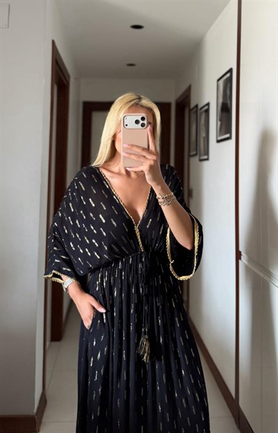 SİYAH FAYE İTHAL BOHEM ELBİSE