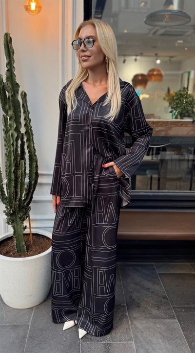 SİYAH GEOMETRİK DESEN GÖMLEK PANTOLON TAKIM