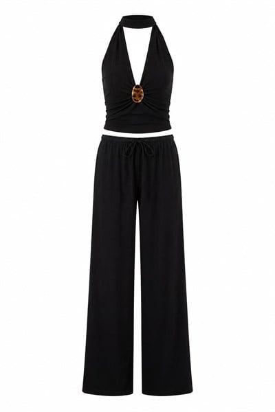 SİYAH GOLD BROŞLU BLUZ PANTOLON TAKIM
