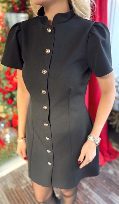 SİYAH GOLD DÜĞME DETAYLI KISA ELBİSE