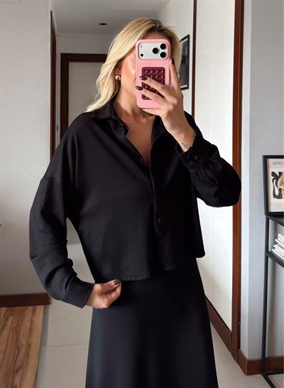 SİYAH GÖMLEK ELBİSE MODAL TAKIM