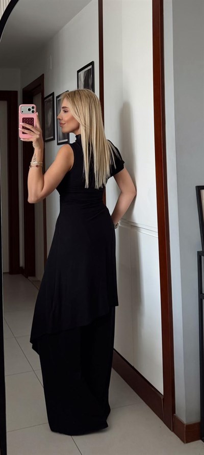 SİYAH KAŞMİR DOKULU ASİMETRİK İKİLİ TAKIM