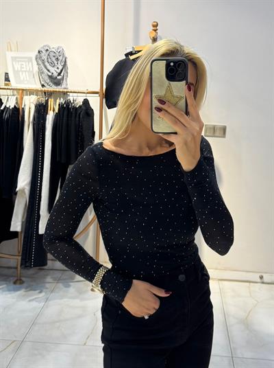 SİYAH KAYIK YAKA TAŞLI TRANSPARAN BLUZ