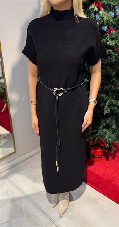 SİYAH KEMER DETAYLI TRİKO ELBİSE