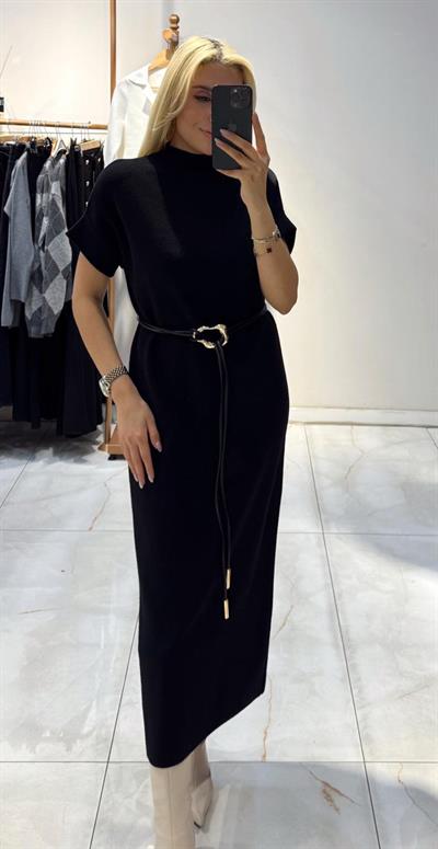 SİYAH KEMER DETAYLI TRİKO ELBİSE