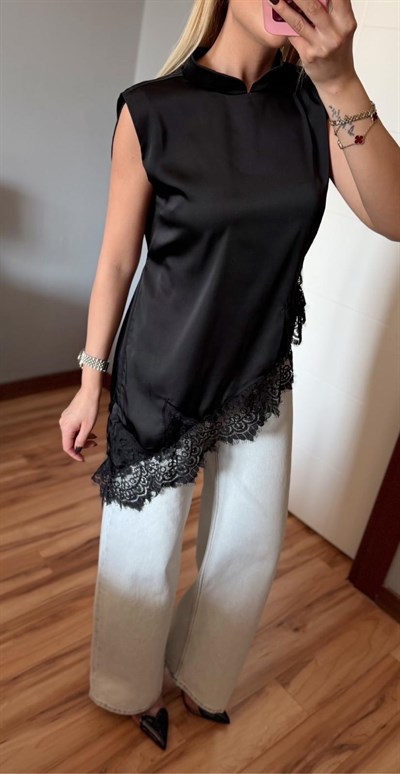 SİYAH KOLSUZ DANTEL BLUZ