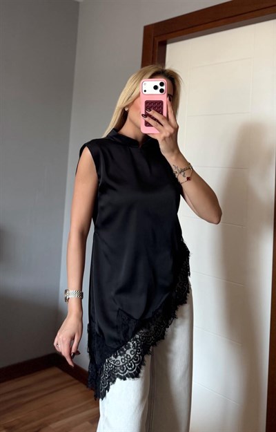 SİYAH KOLSUZ DANTEL BLUZ
