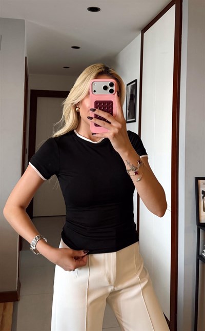 SİYAH KONTRAST DETAYLI TRANSPARAN TSHİRT