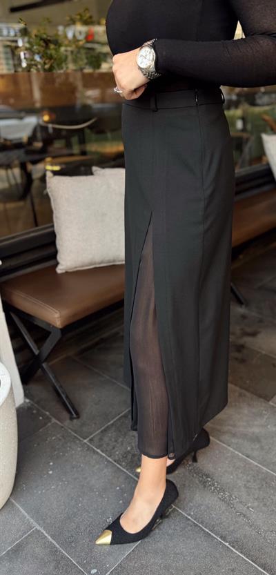 SİYAH KREP KUMAŞ TÜL YIRTMAÇLI MİDİ BOY ETEK