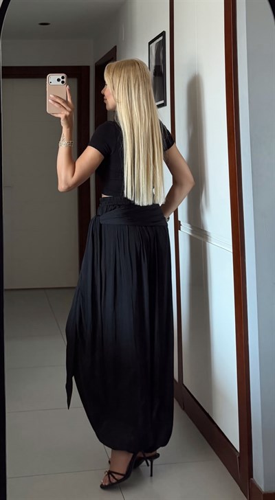 SİYAH KUŞAK BAĞLAMALI ŞALVAR PANTOLON