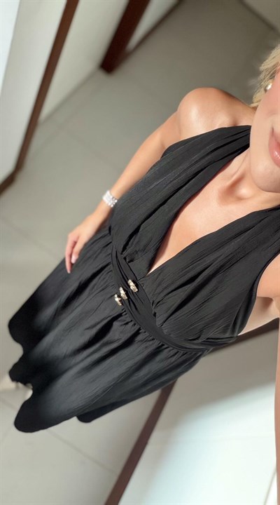 SİYAH LENNOX HALTER YAKA GOLD DÜĞMELİ ELBİSE