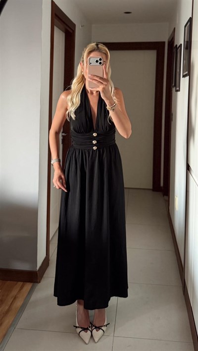 SİYAH LENNOX HALTER YAKA GOLD DÜĞMELİ ELBİSE