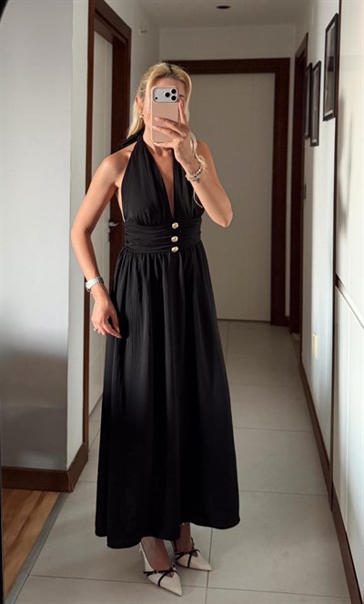 SİYAH LENNOX HALTER YAKA GOLD DÜĞMELİ ELBİSE