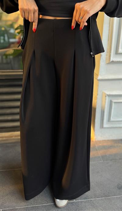 SİYAH MODAL KUMAŞ KEMER DETAY GENİŞ PAÇA TAKIM