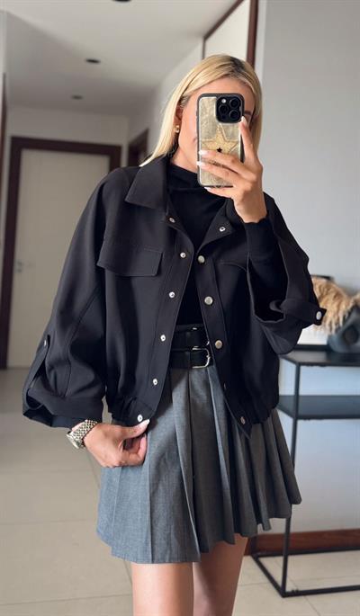 SİYAH ÖNÜ ÇITÇIT DETAYLI BOMBER CEKET