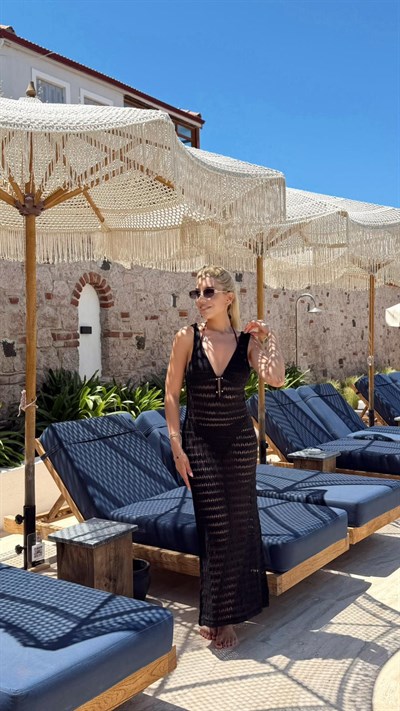 SİYAH ÖNÜ KANCA DETAY BEACHWEAR ELBİSE