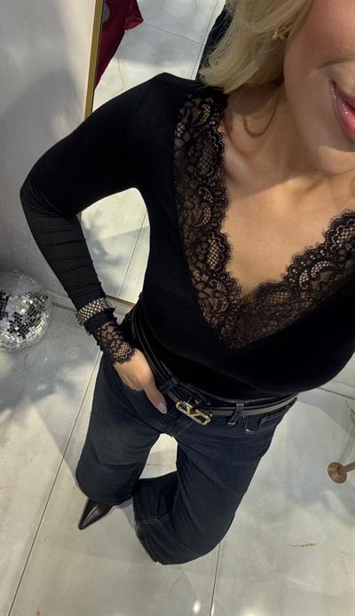 SİYAH ORJ MARKA İNTMS DANTELLİ MODAL KAŞMİR UZUN KOLLU BLUZ