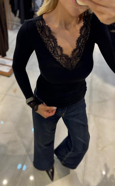 SİYAH ORJ MARKA İNTMS DANTELLİ MODAL KAŞMİR UZUN KOLLU BLUZ