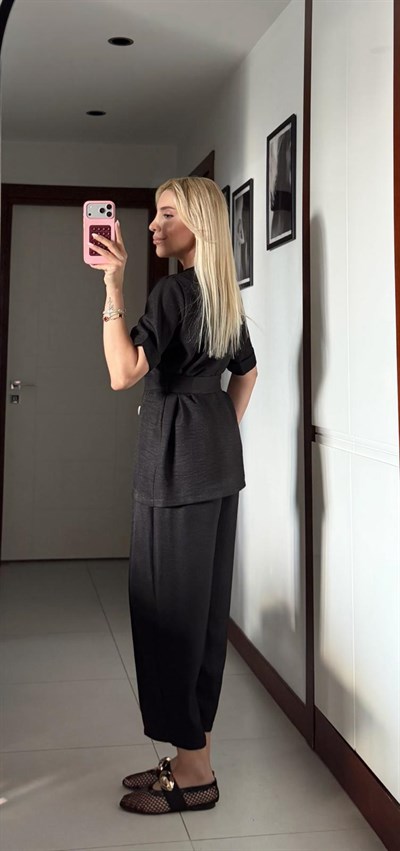 SİYAH ORJ MARKA ZR KETEN KEMERLİ YELEK PANTOLON TAKIM