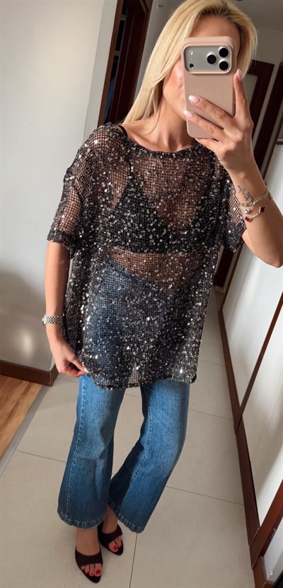 SİYAH ORJ MARKA ZR PUL DETAYLI BLUZ