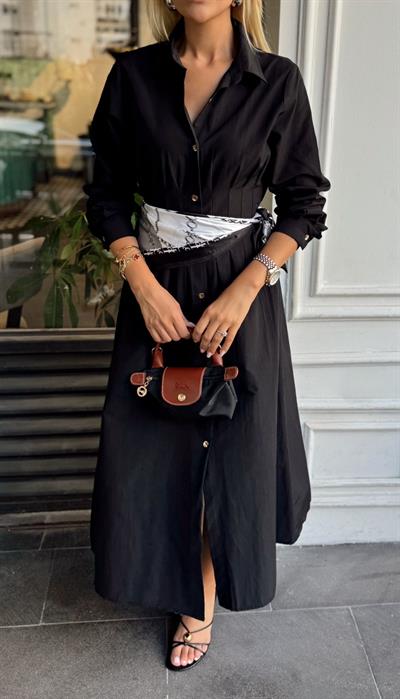 SİYAH PENSLİ ÖNÜ GOLD DÜĞMELİ MİDİ BOY GÖMLEK ELBİSE