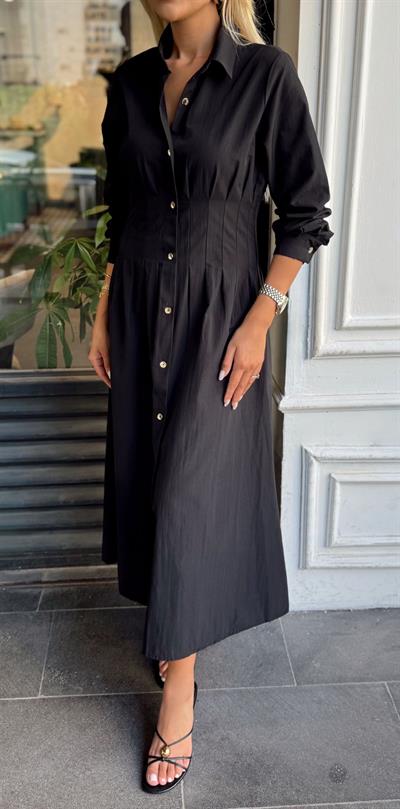 SİYAH PENSLİ ÖNÜ GOLD DÜĞMELİ MİDİ BOY GÖMLEK ELBİSE