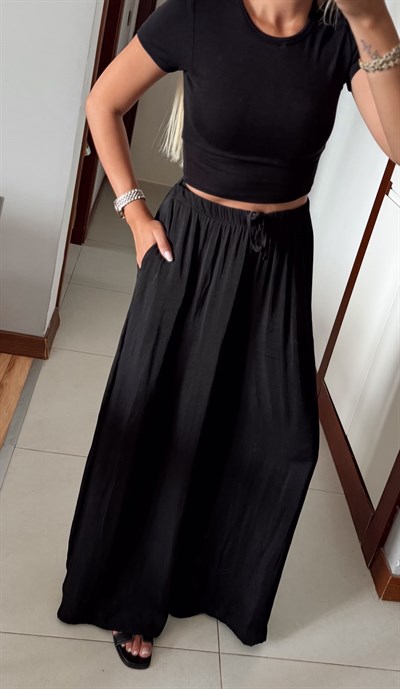 SİYAH SATEN BELDEN LASTİKLİ DÖKÜMLÜ PANTOLON