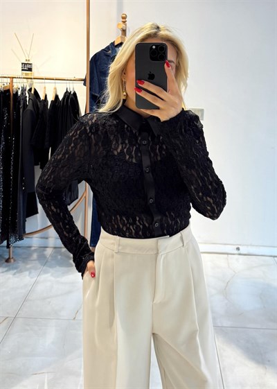 SİYAH SATEN GARNİLİ DANTEL GÖMLEK