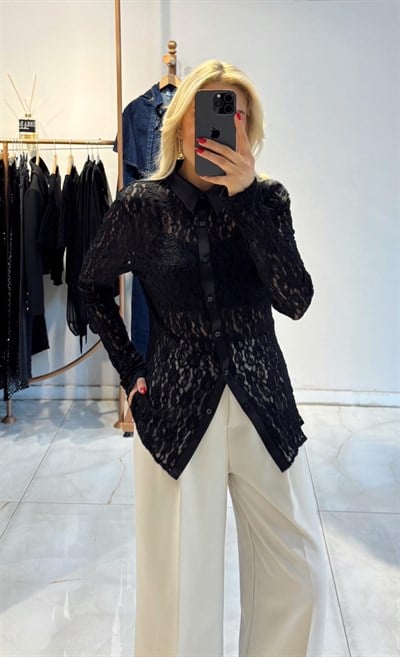 SİYAH SATEN GARNİLİ DANTEL GÖMLEK