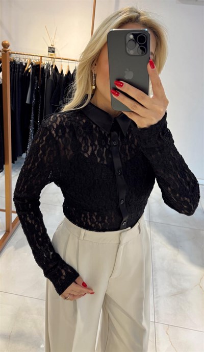 SİYAH SATEN GARNİLİ DANTEL GÖMLEK