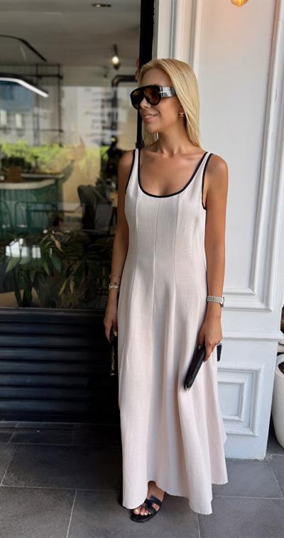 SİYAH ŞERİTLİ KETEN ELBİSE BEJ