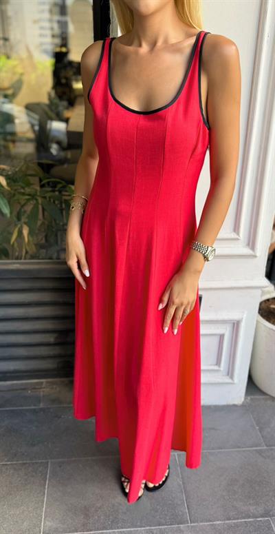 SİYAH ŞERİTLİ KETEN ELBİSE KIRMIZI